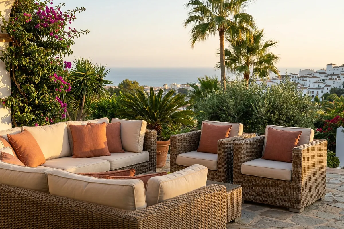Buitenkussens opstelling op een mediterraan terras in Mijas, Costa del Sol