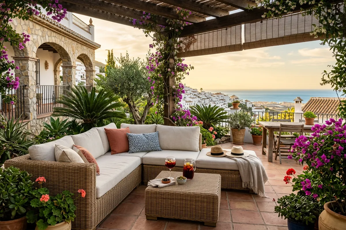 Installation de salons de jardin en rotin sur une terrasse méditerranéenne à Mijas, Costa del Sol
