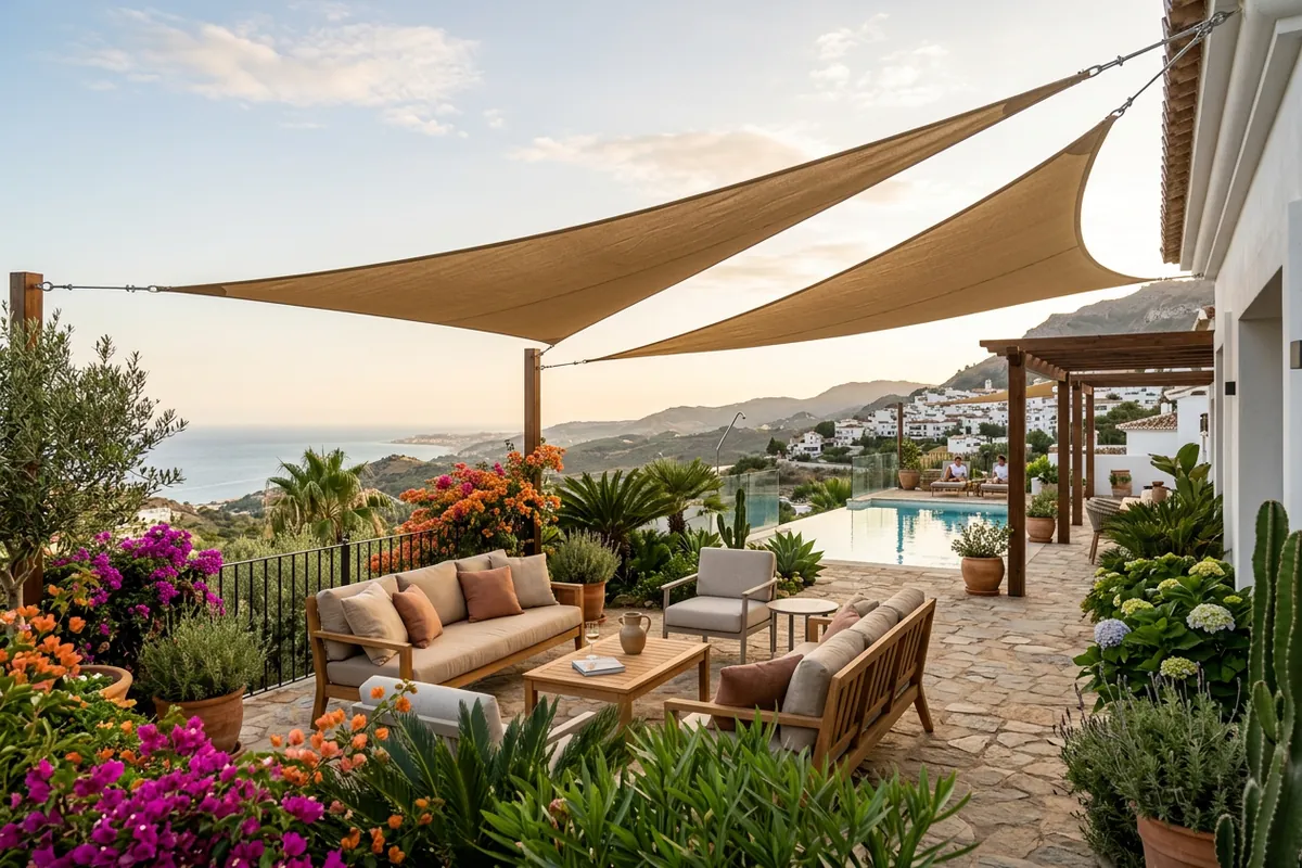 Sonnensegel-Einrichtung auf einer mediterranen Terrasse in Mijas, Costa del Sol