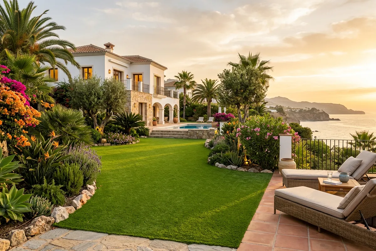 Kunstrasen & Gartengestaltung-Einrichtung auf einer mediterranen Terrasse in Nerja, Costa del Sol
