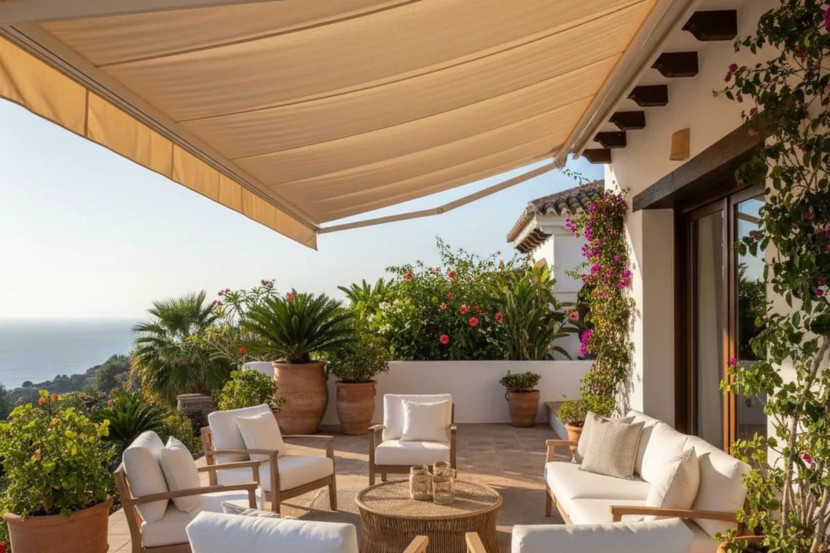 Instalación de toldos en una terraza mediterránea en Nerja, Costa del Sol