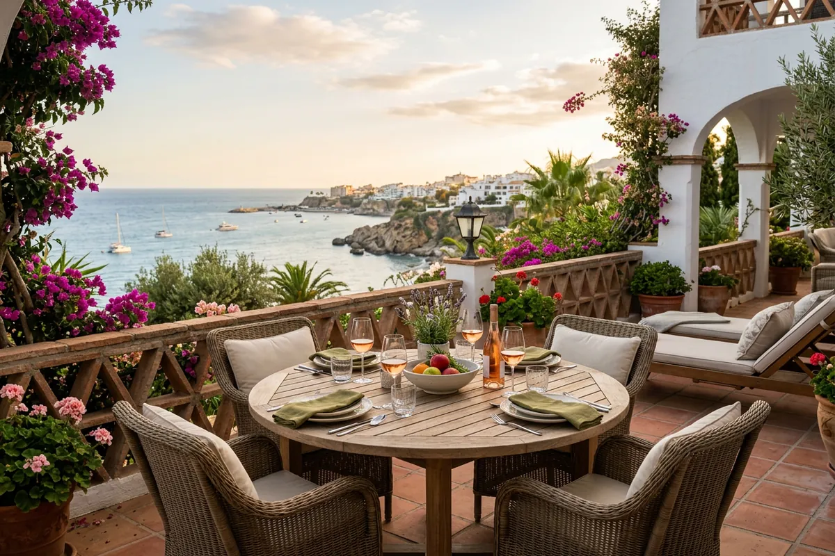 Eetsets opstelling op een mediterraan terras in Nerja, Costa del Sol