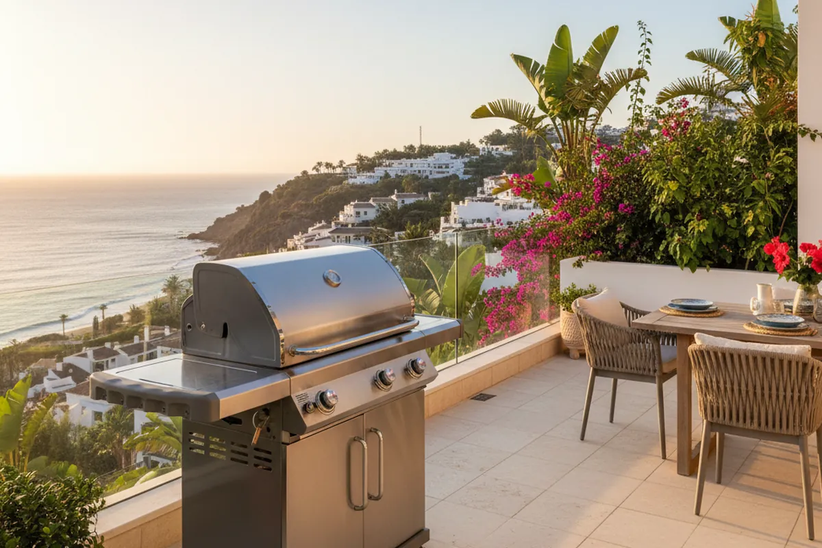 Gasgrills-Einrichtung auf einer mediterranen Terrasse in Nerja, Costa del Sol