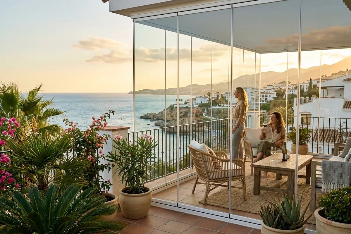 Glasvorhänge & Glasräume-Einrichtung auf einer mediterranen Terrasse in Nerja, Costa del Sol