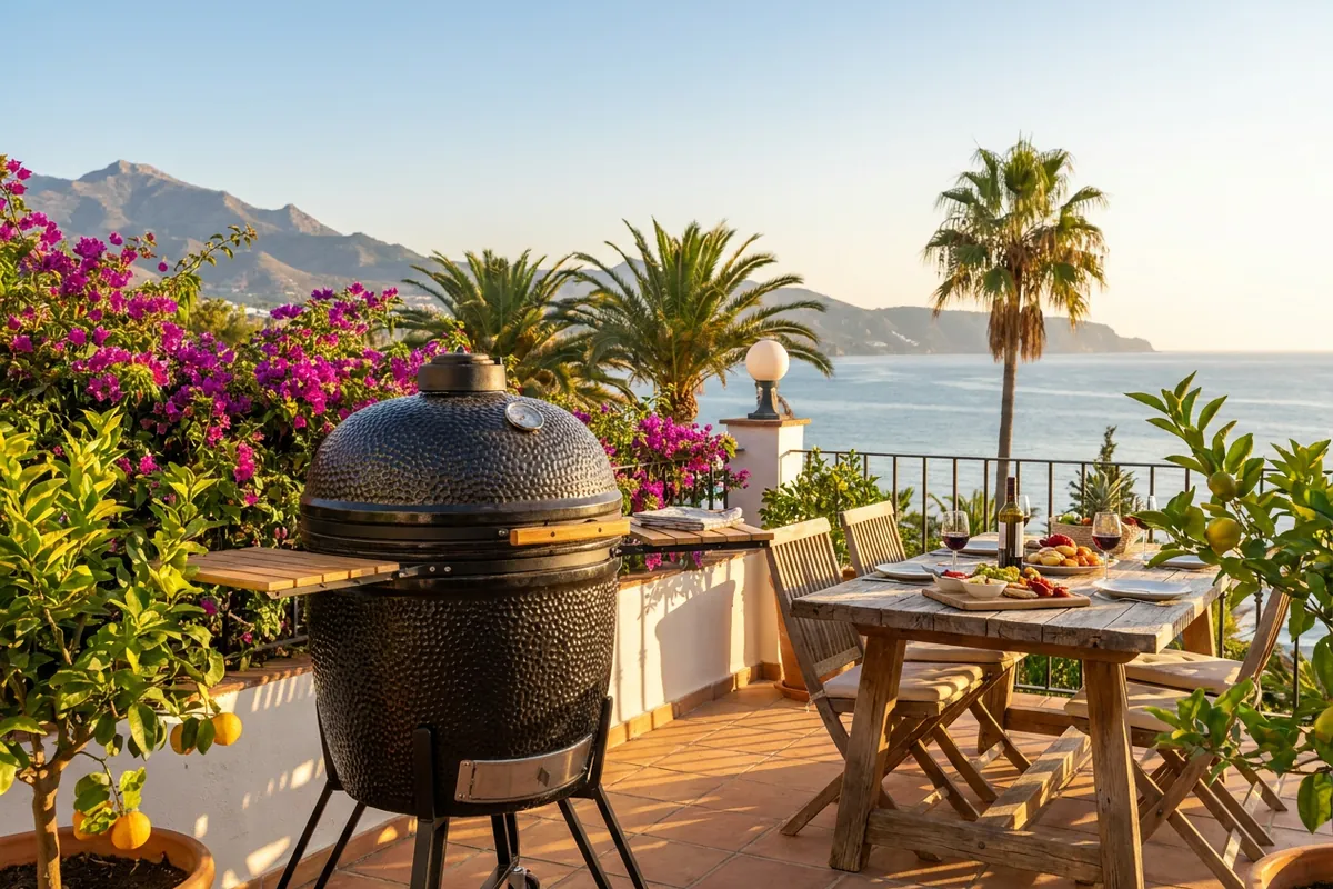 Kamado Grills-Einrichtung auf einer mediterranen Terrasse in Nerja, Costa del Sol