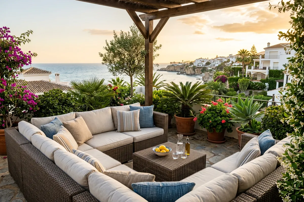 Buitenkussens opstelling op een mediterraan terras in Nerja, Costa del Sol