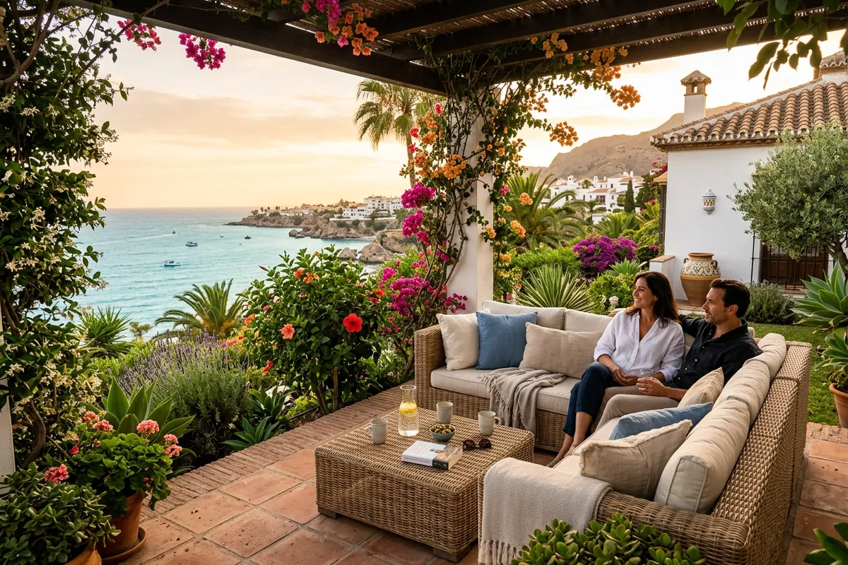 Installation de salons de jardin en rotin sur une terrasse méditerranéenne à Nerja, Costa del Sol