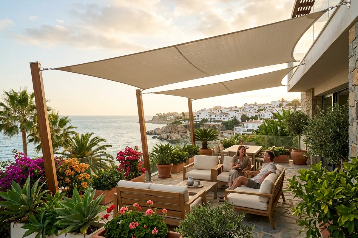 Sonnensegel-Einrichtung auf einer mediterranen Terrasse in Nerja, Costa del Sol
