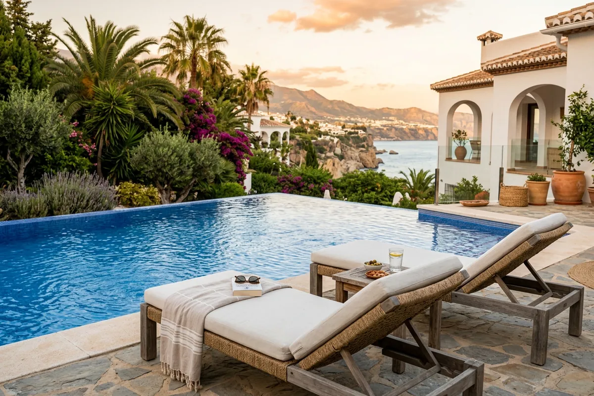 Ligbedden opstelling op een mediterraan terras in Nerja, Costa del Sol