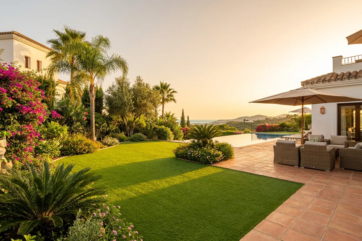 Kunstrasen & Gartengestaltung-Einrichtung auf einer mediterranen Terrasse in Nueva Andalucía, Costa del Sol