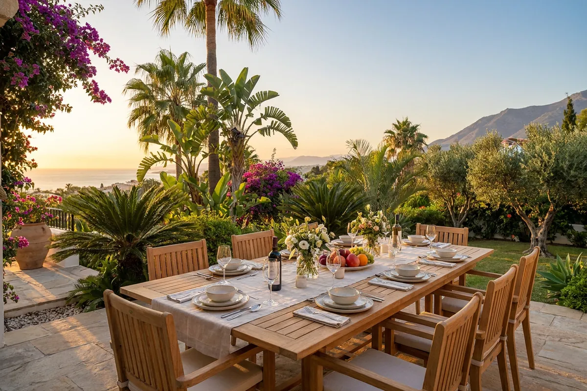 Eetsets opstelling op een mediterraan terras in Nueva Andalucía, Costa del Sol