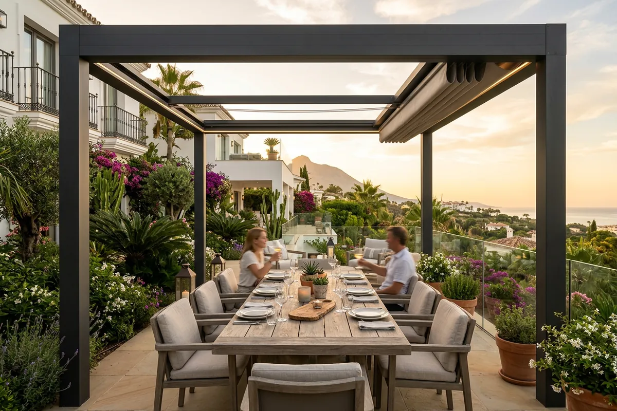 Installation de pergolas fixes sur une terrasse méditerranéenne à Nueva Andalucía, Costa del Sol