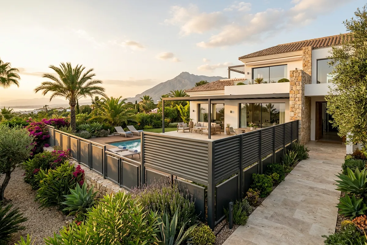 Gartenzäune & Sichtschutz-Einrichtung auf einer mediterranen Terrasse in Nueva Andalucía, Costa del Sol