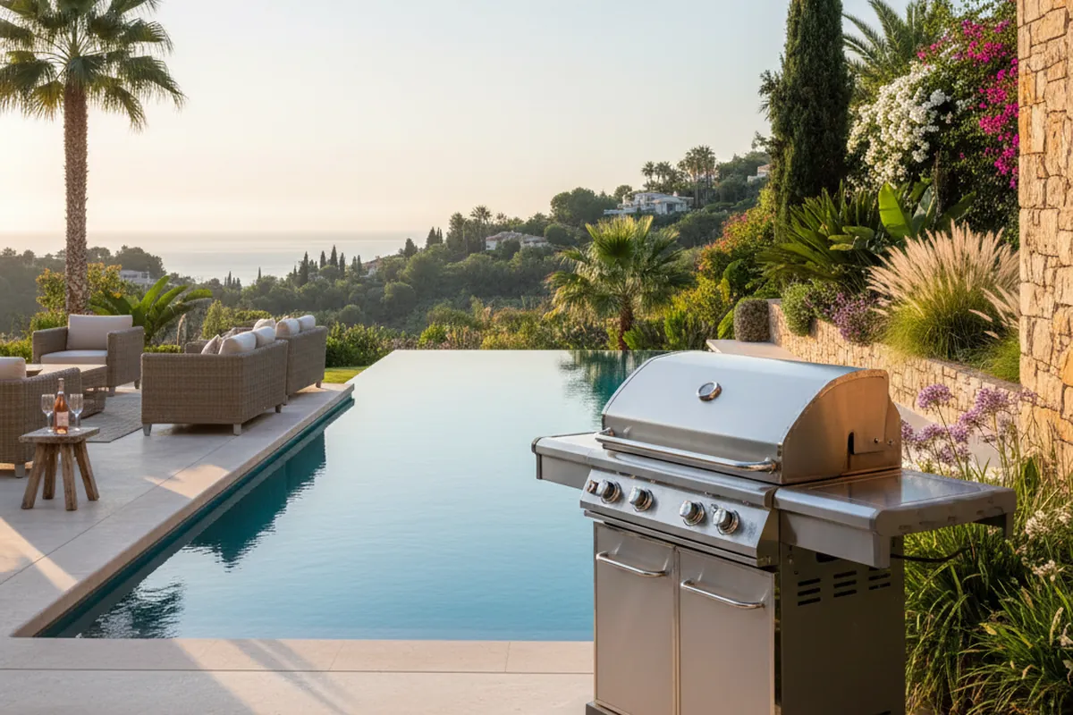 Gasgrills-Einrichtung auf einer mediterranen Terrasse in Nueva Andalucía, Costa del Sol