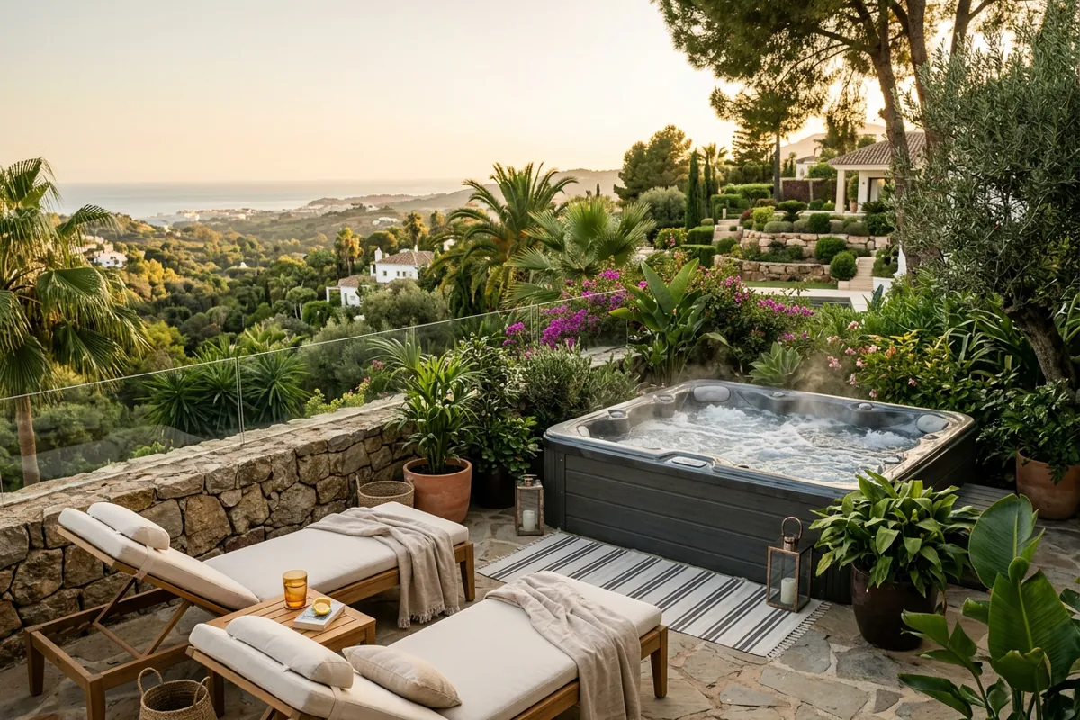 Jacuzzi's opstelling op een mediterraan terras in Nueva Andalucía, Costa del Sol