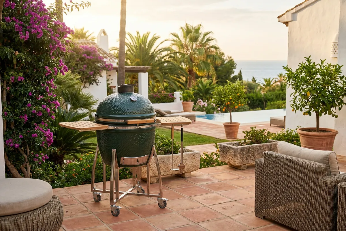 Kamado BBQ's opstelling op een mediterraan terras in Nueva Andalucía, Costa del Sol