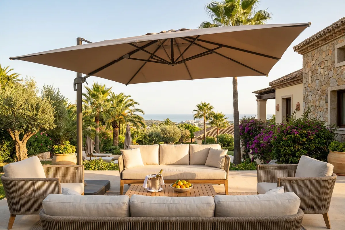 Parasols opstelling op een mediterraan terras in Nueva Andalucía, Costa del Sol