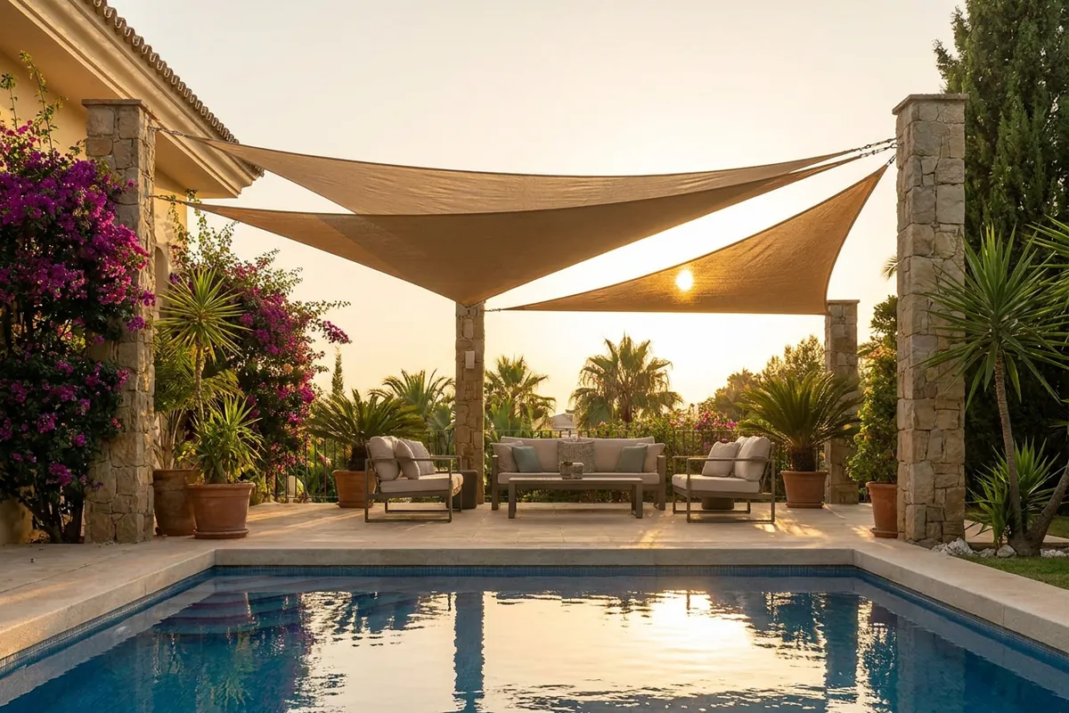 Sonnensegel-Einrichtung auf einer mediterranen Terrasse in Nueva Andalucía, Costa del Sol