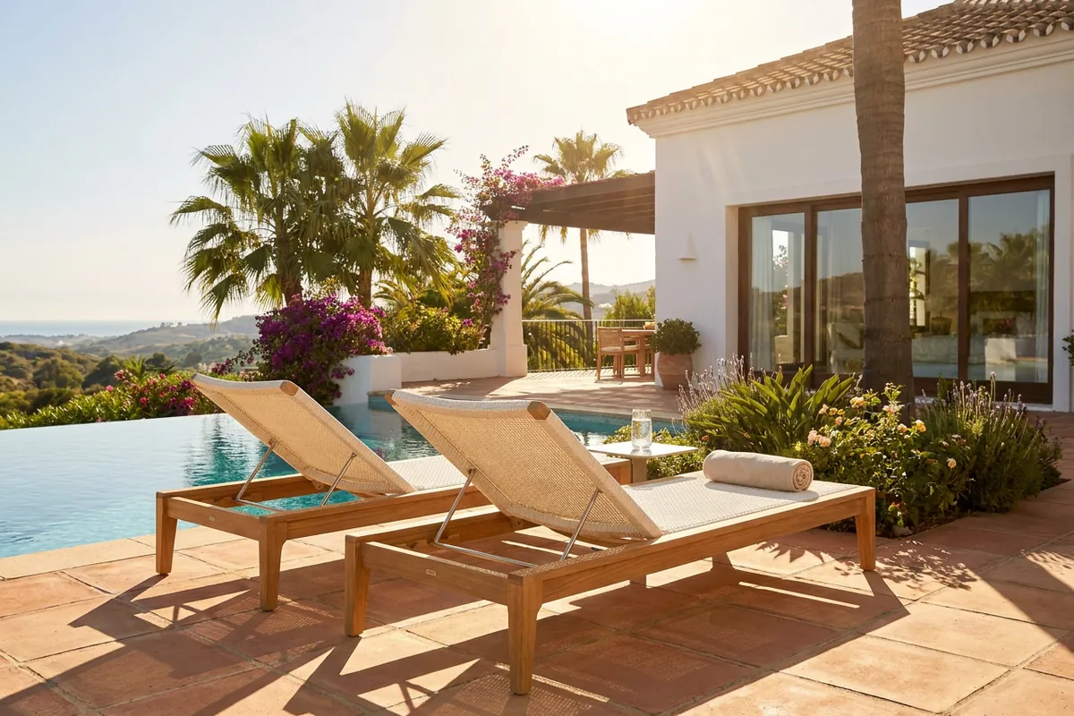 Ligbedden opstelling op een mediterraan terras in Nueva Andalucía, Costa del Sol