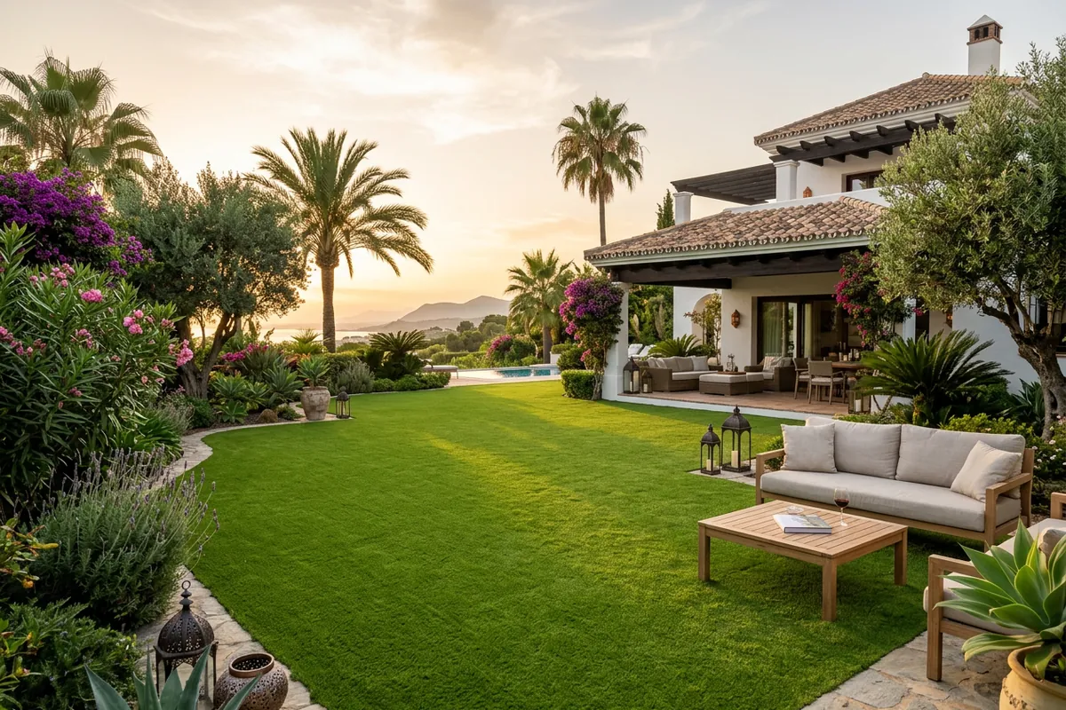 Kunstrasen & Gartengestaltung-Einrichtung auf einer mediterranen Terrasse in San Pedro de Alcántara, Costa del Sol