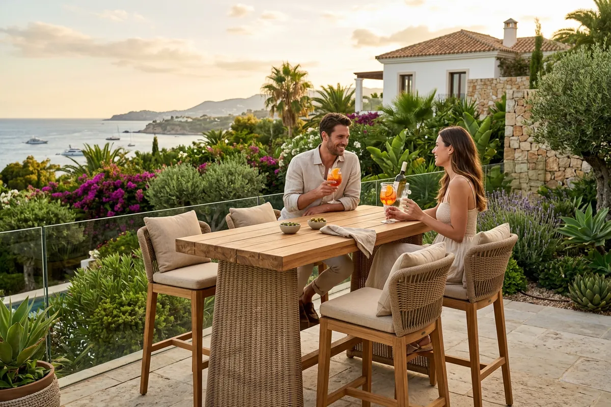 Outdoor-Barmöbel-Einrichtung auf einer mediterranen Terrasse in San Pedro de Alcántara, Costa del Sol