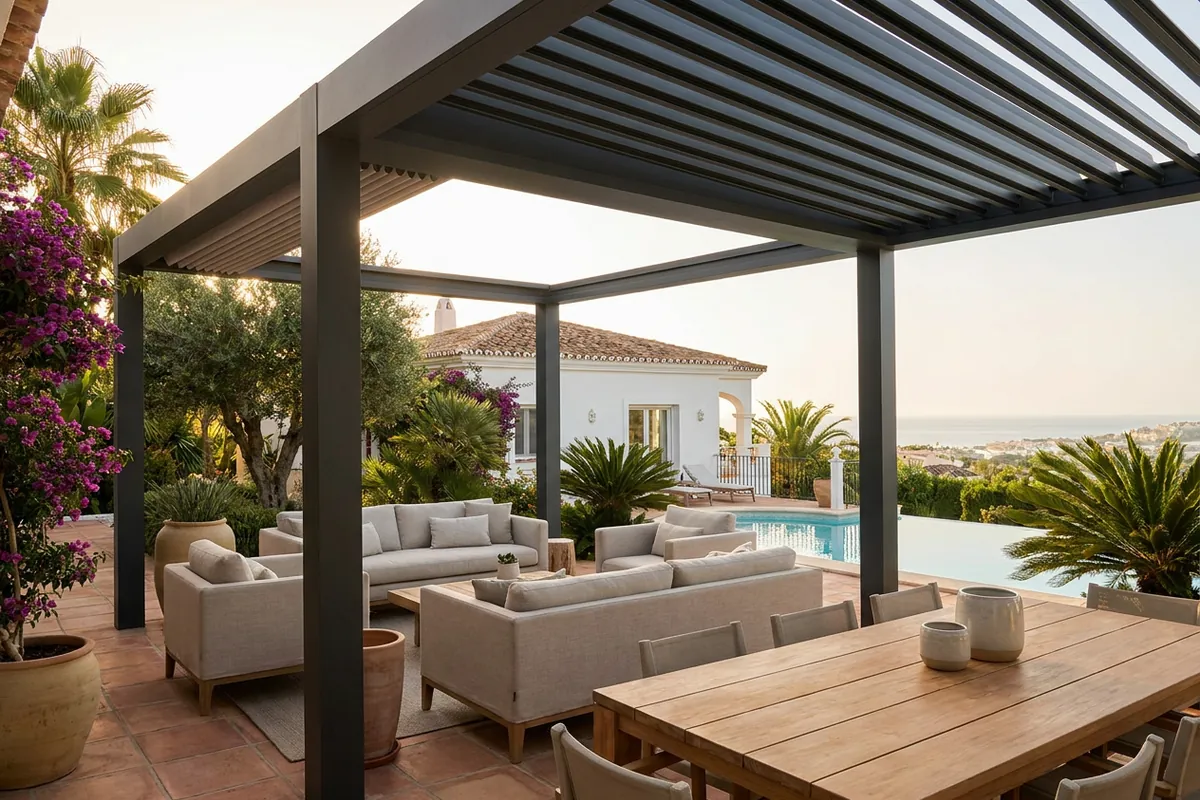 Installation de pergolas bioclimatiques sur une terrasse méditerranéenne à San Pedro de Alcántara, Costa del Sol