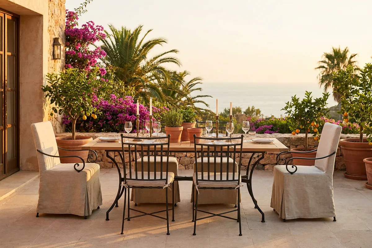 Eetsets opstelling op een mediterraan terras in San Pedro de Alcántara, Costa del Sol