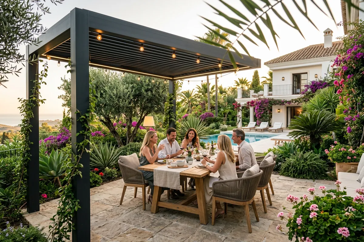 Installation de pergolas fixes sur une terrasse méditerranéenne à San Pedro de Alcántara, Costa del Sol