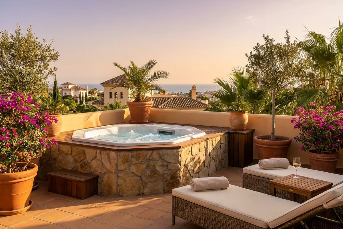 Whirlpools & Swim Spas-Einrichtung auf einer mediterranen Terrasse in San Pedro de Alcántara, Costa del Sol