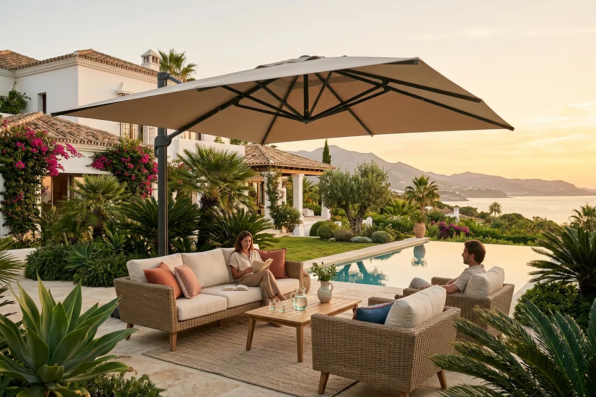 Parasols opstelling op een mediterraan terras in San Pedro de Alcántara, Costa del Sol
