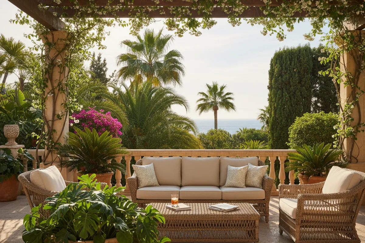 Installation de salons de jardin en rotin sur une terrasse méditerranéenne à San Pedro de Alcántara, Costa del Sol