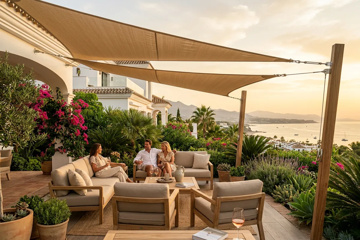 Sonnensegel-Einrichtung auf einer mediterranen Terrasse in San Pedro de Alcántara, Costa del Sol