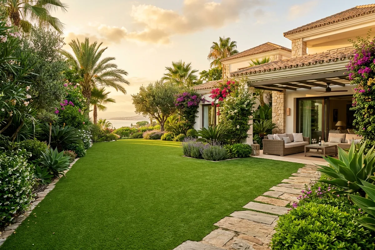 Kunstrasen & Gartengestaltung-Einrichtung auf einer mediterranen Terrasse in Sotogrande, Costa del Sol