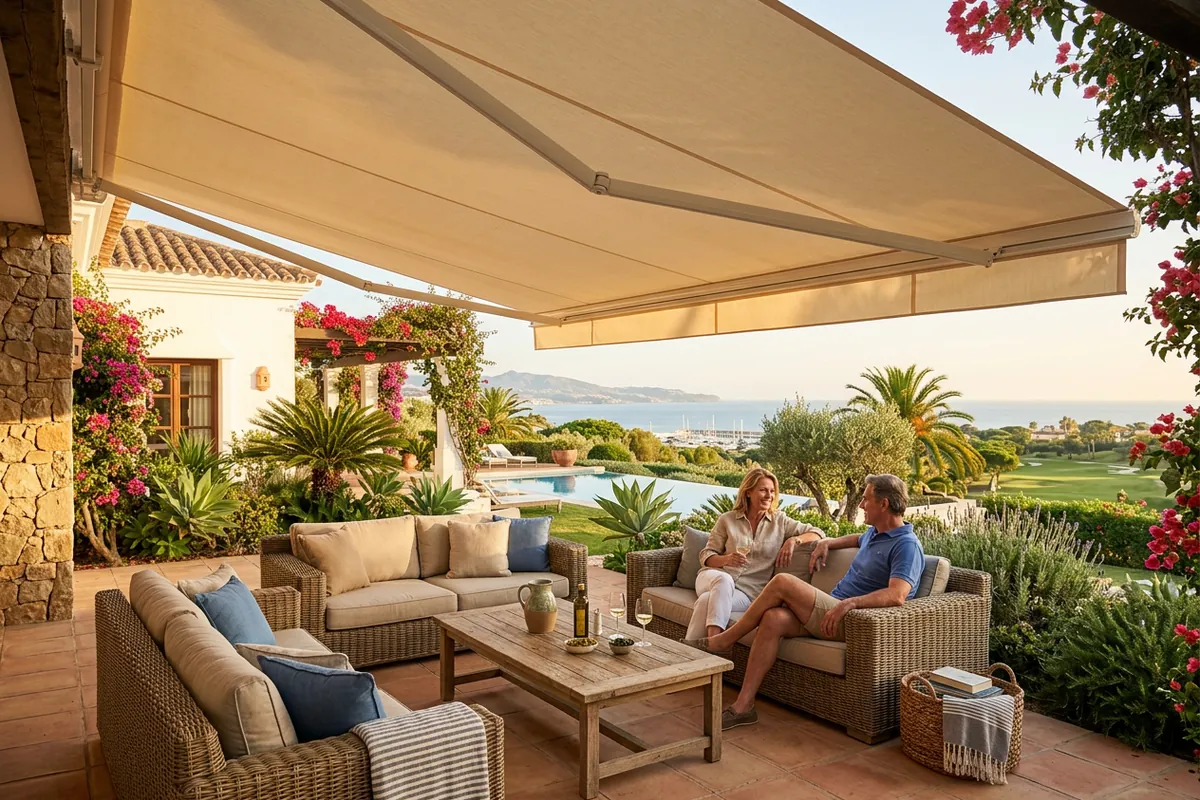 Instalación de toldos en una terraza mediterránea en Sotogrande, Costa del Sol