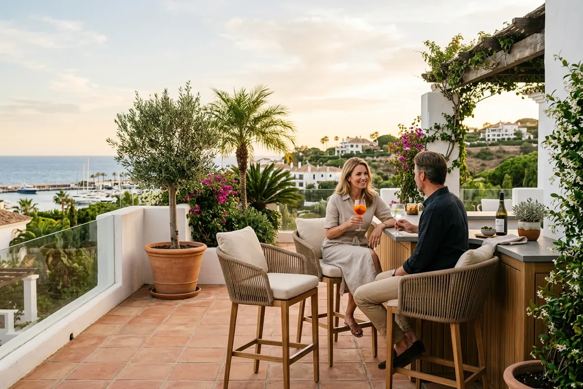 Barmöbler uppsättning på en medelhavsterrass i Sotogrande, Costa del Sol