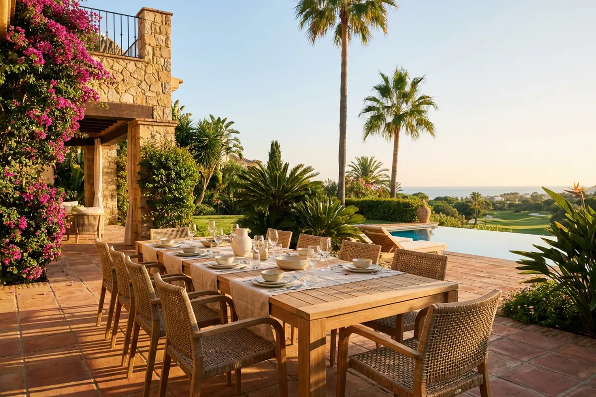 Eetsets opstelling op een mediterraan terras in Sotogrande, Costa del Sol