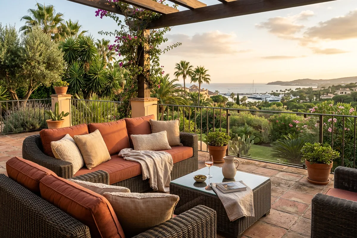 Utomhuskuddar uppsättning på en medelhavsterrass i Sotogrande, Costa del Sol