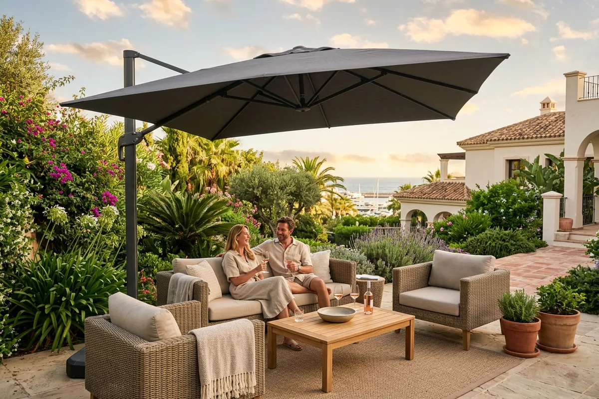 Parasols opstelling op een mediterraan terras in Sotogrande, Costa del Sol