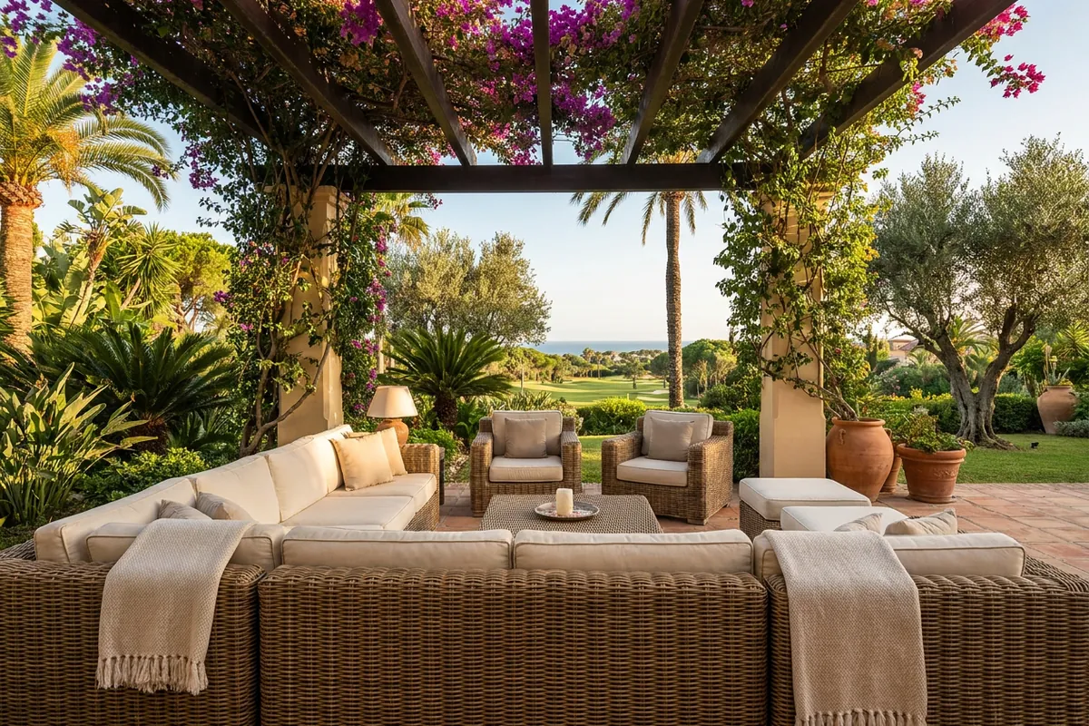 Installation de salons de jardin en rotin sur une terrasse méditerranéenne à Sotogrande, Costa del Sol