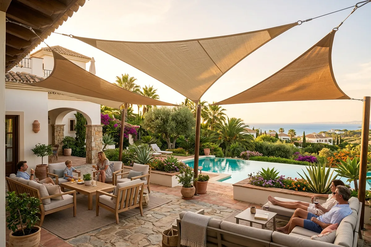 Sonnensegel-Einrichtung auf einer mediterranen Terrasse in Sotogrande, Costa del Sol