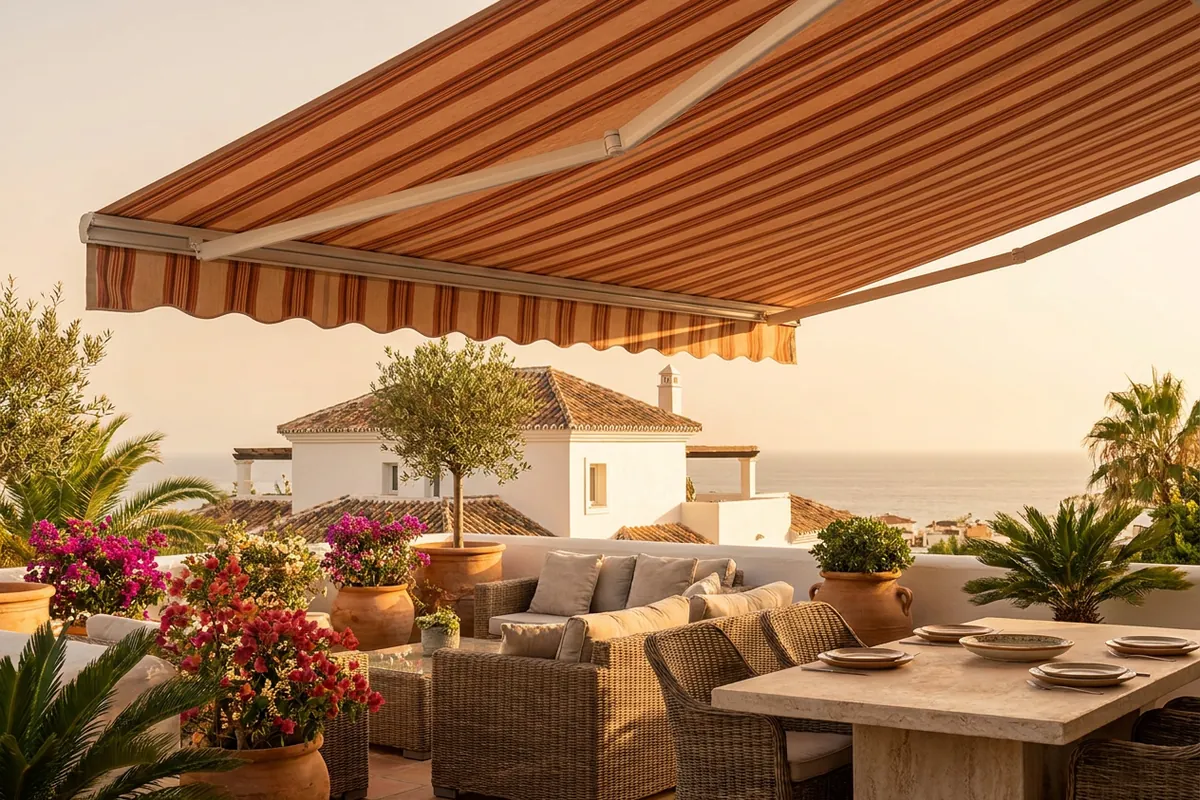 Zonneschermen opstelling op een mediterraan terras in Torremolinos, Costa del Sol