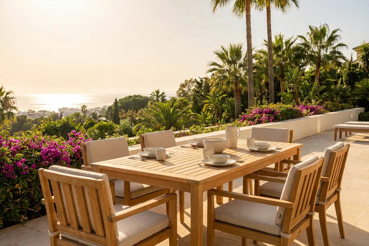 Eetsets opstelling op een mediterraan terras in Torremolinos, Costa del Sol