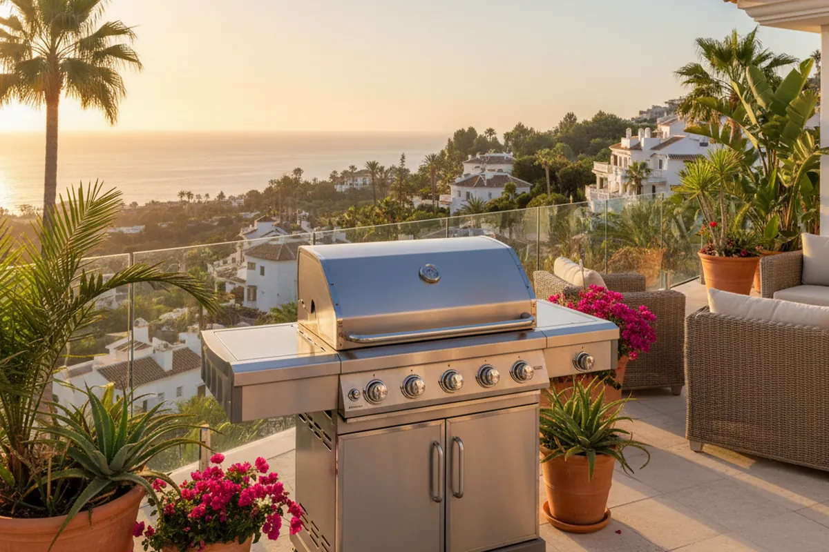 Gasgrills-Einrichtung auf einer mediterranen Terrasse in Torremolinos, Costa del Sol