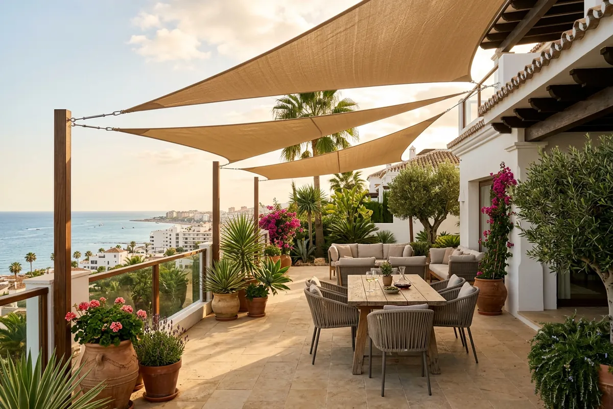 Sonnensegel-Einrichtung auf einer mediterranen Terrasse in Torremolinos, Costa del Sol